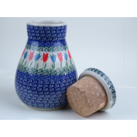 Bunzlau voorraadpot met kurken deksel 1 liter.  * E29-2599  rode tulpen *