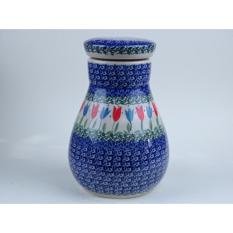 Bunzlau voorraadpot met kurken deksel 1 liter.  * E29-2599  rode tulpen *